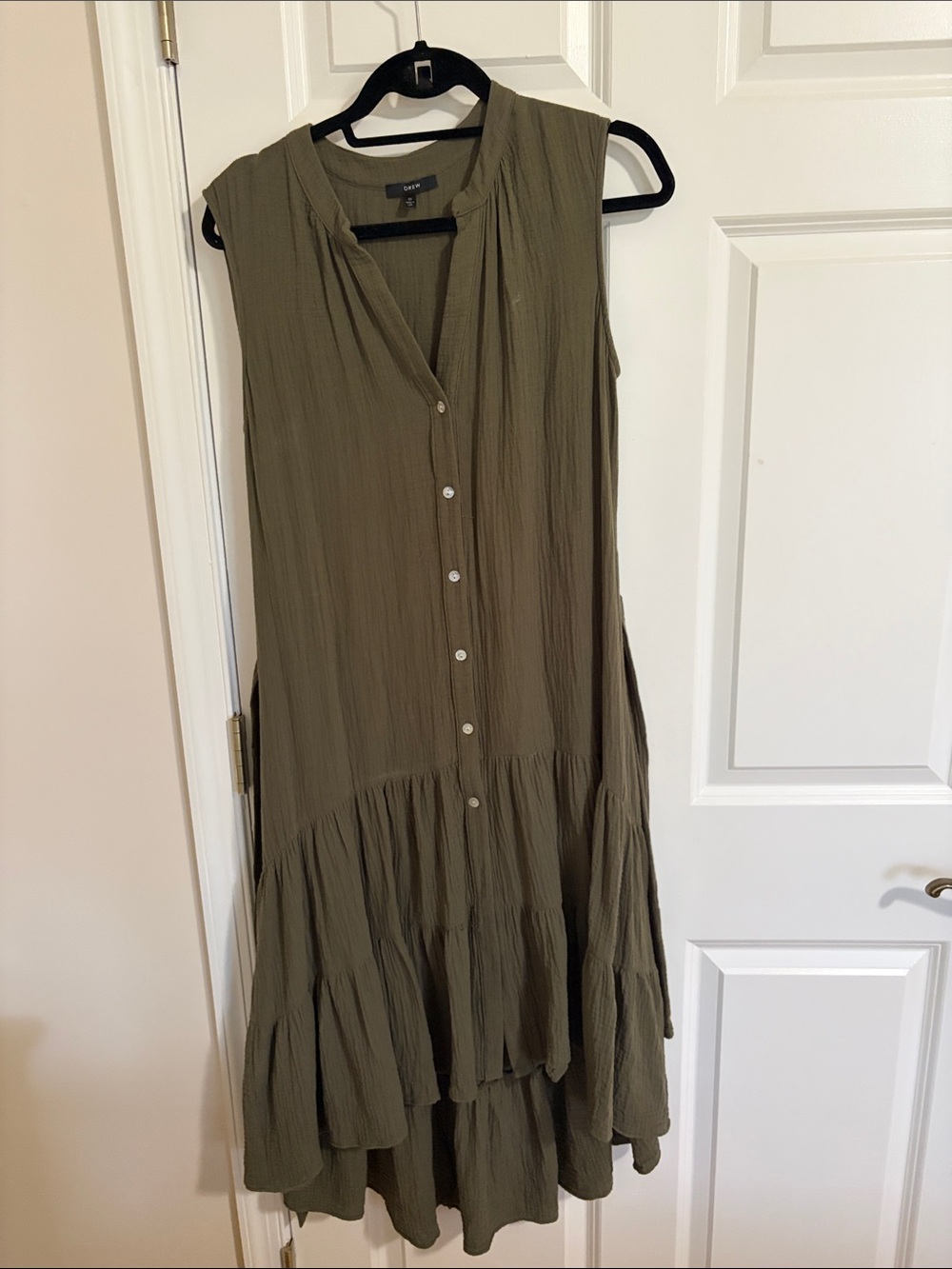 DREW Olive Green Sleeveless High-Low Button Front Dress